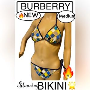NEW🔥 BURBERRY windowpane BIKINI 👙w/LOGO on RUMP🔷BLACK Multi♦️🔸🔷Made🇮🇹 MED